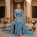 Sky Blue Floral Georgette Saree - Image 2