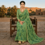 Pista Green Floral Chiffon Saree - Image 2